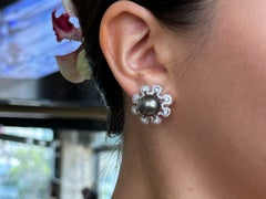 Diamond Flower Tahitian Pearl Earrings 18k White Gold