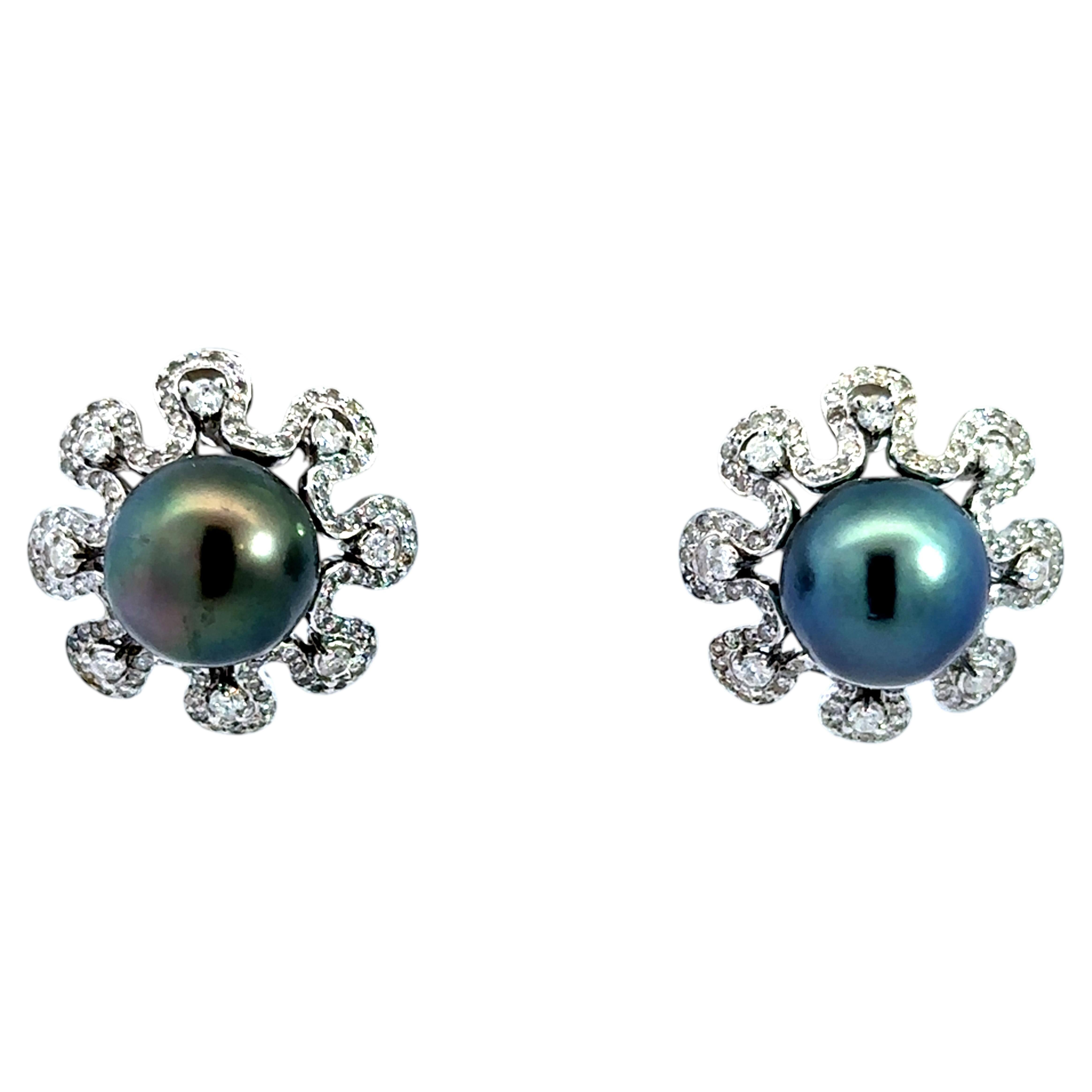 Diamond Flower Tahitian Pearl Earrings 18k White Gold For Sale