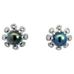 Diamond Flower Tahitian Pearl Earrings 18k White Gold
