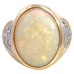 Oval Cabochon Ethiopian Opal and Diamond Ring 14k Yellow Gold