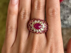 Cabochon Ruby and Diamond Lattice Dome Ring 18k Yellow Gold