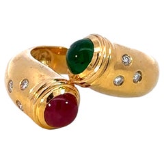 Cabochon Ruby and Emerald Diamond Cocktail Ring 14k Yellow Gold