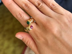 Cabochon Ruby and Emerald Diamond Cocktail Ring 14k Yellow Gold