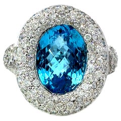 Oval Blue Topaz Diamond Pave Ring in 10k White Gold