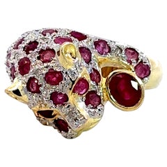 Oval and Round Ruby Diamond Panther Cocktail Ring 14k Yellow Gold