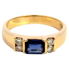 1.00 Carat Emerald Cut Sapphire 4 Diamond Band Ring 18K Yellow Gold