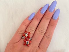 Red Coral Flower and Multi Colored Sapphire Diamond Ring 18k White Gold