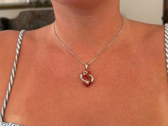 Red Coral Flower and Multi Colored Sapphire Diamond Necklace 18k White Gold