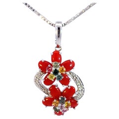 Red Coral Flower and Multi Colored Sapphire Diamond Necklace 18k White Gold
