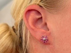 Pink Sapphire Flower Diamond Stud Earrings 14K White Gold