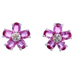 Pink Sapphire Flower Diamond Stud Earrings 14K White Gold