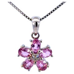Pink Sapphire Flower Diamond Necklace 14k White Gold