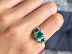 Three Columbian Emerald Diamond Halo Ring 14k White Gold