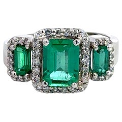 Three Columbian Emerald Diamond Halo Ring 14k White Gold