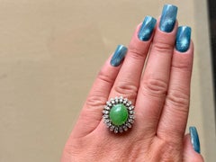 11 Carat Jade and Double Diamond Halo Ring 14K White Gold