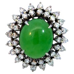 11 Carat Jade and Double Diamond Halo Ring 14K White Gold