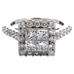 Princess Cut Cluster Diamond Halo Engagement Ring 14K White Gold