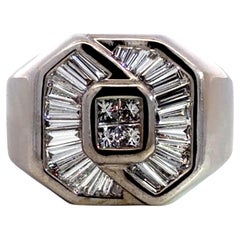 Square and Baguette Diamond Mens Signet Ring 18k White Gold