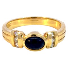 Cabochon Blue Sapphire 6 Diamond Ring 14K Yellow Gold