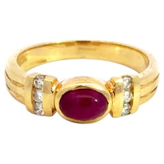 Cabochon Ruby 6 Diamond Ring 14K Yellow Gold