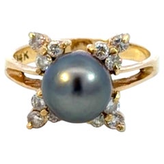 Tahitian Pearl Diamond Ring 14k Yellow Gold