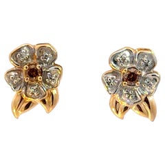 Flower Chocolate Diamond Center Earrings 14K Yellow Gold
