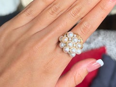 Bague avec perle de culture et grappe de diamants, en or jaune 14 carats