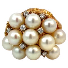 Bague avec perle de culture et grappe de diamants, en or jaune 14 carats