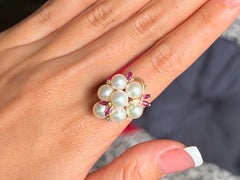 Cultured Pearl Marquise Ruby and Diamond Cluster Ring 14k Yellow Gold