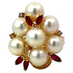 Cultured Pearl Marquise Ruby and Diamond Cluster Ring 14k Yellow Gold