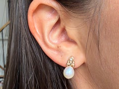 Teardrop Cultured Pearl and Diamond Stud Earring 14k Yellow Gold