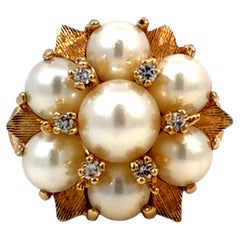 Akoya Pearl and Diamond Cluster Flower Ring 14k Yellow Gold