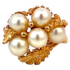 Akoya Pearl Leaf Cocktail Ring 14k Yellow Gold