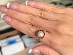 Akoya Pearl and Ruby Cocktail Ring 14k Yellow Gold