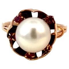 Akoya Pearl and Ruby Cocktail Ring 14k Yellow Gold