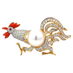 Rooster Brooch Coral Diamond Ruby and South Sea Pearl 18K Yellow Gold