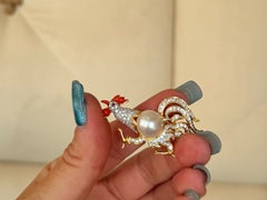 Rooster Brooch Coral Diamond Ruby and South Sea Pearl 18K Yellow Gold