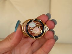 Opal Fish Diamond Onyx Circle Fish Brooch 14K Yellow Gold
