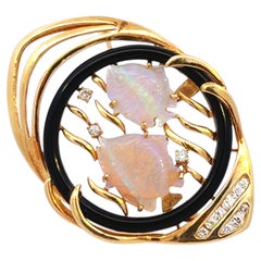 Opal Fish Diamond Onyx Circle Fish Brooch 14K Yellow Gold