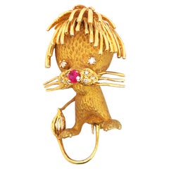 Vintage Diamond and Ruby Lion Brooch 14K Yellow Gold