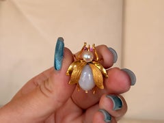 White Jade Pearl Ruby Insect Brooch 14K Yellow Gold