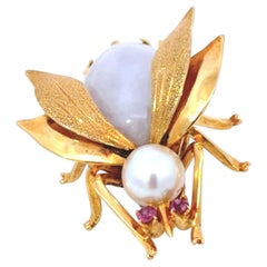 White Jade Pearl Ruby Insect Brooch 14K Yellow Gold