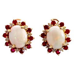 White Opal, Diamond and Ruby Halo Omega Back Earrings 14k Yellow Gold