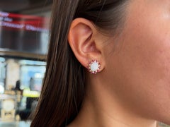 White Opal, Diamond and Ruby Halo Omega Back Earrings 14k Yellow Gold