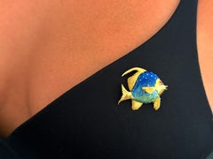 Blue Green Enamel Fish Ruby Eye Brooch 18K Yellow Gold