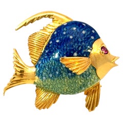 Blue Green Enamel Fish Ruby Eye Brooch 18K Yellow Gold