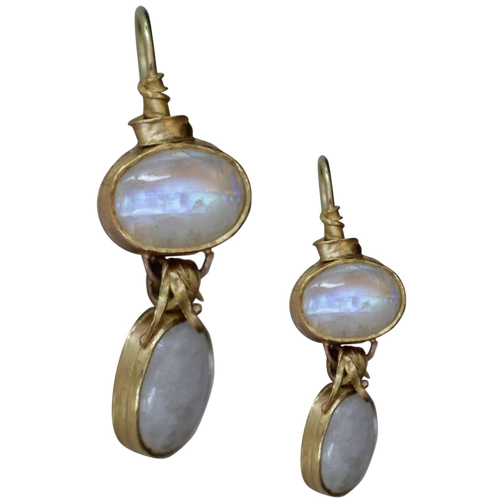 22k Gold 28 Carat Moonstone Cabs Dangle Drop Earrings, Organic Contemporary 