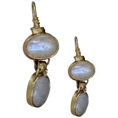 22k Gold 28 Carat Moonstone Cabs Dangle Drop Earrings, Organic Contemporary