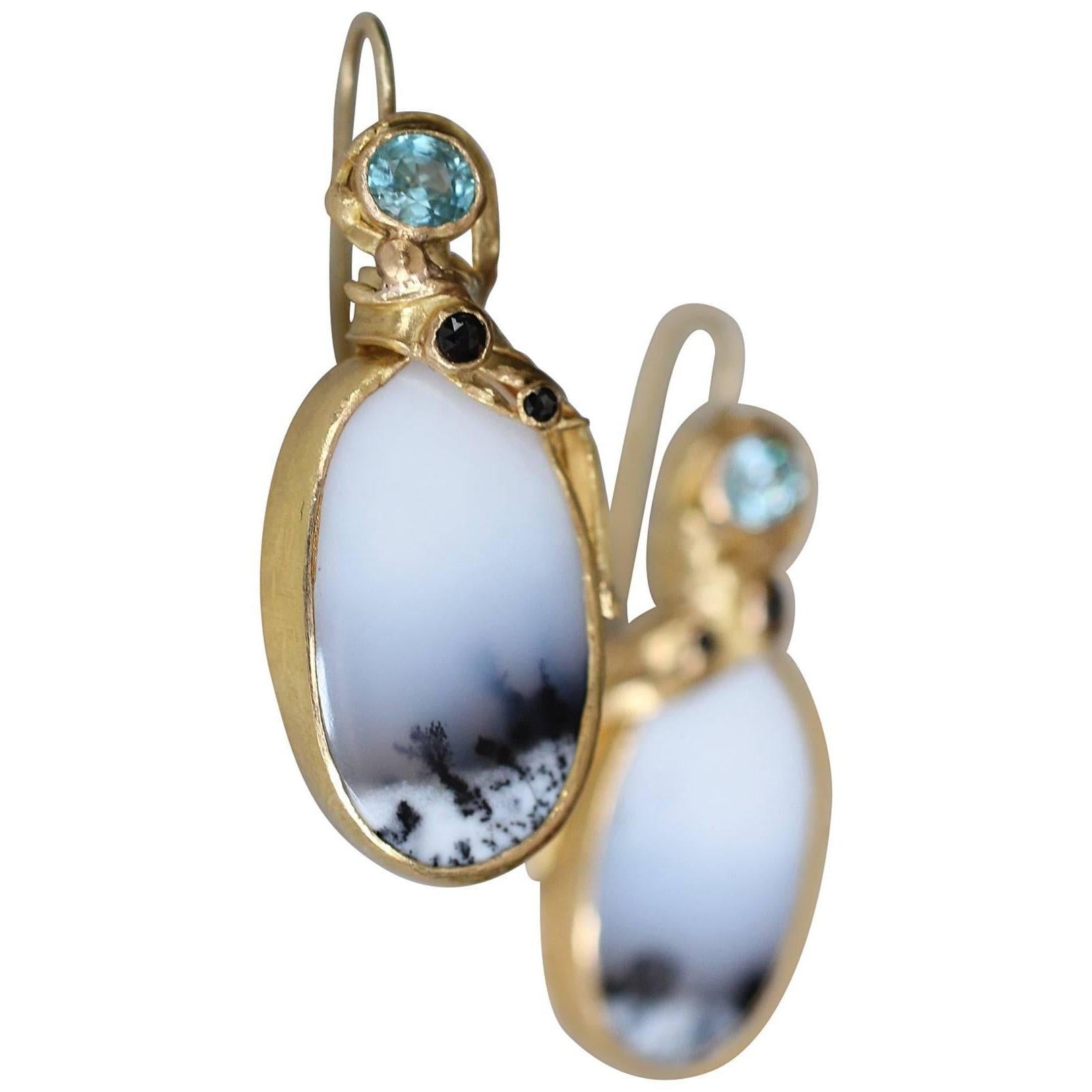 22k Gold Dendrite Opal Black Diamonds Drop Earrings Contemporary Handmade