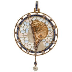 Antique Masriera Art Nouveau Plique-a-Jour Diamond Gold Pendant